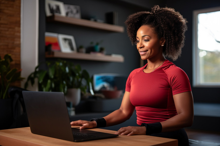 A picture of a black woman exercising at home while watching a fitness video on her laptop