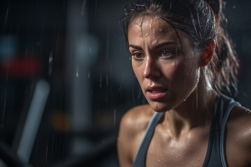 A close up photo of a female athletes sweaty face during a workout at the gym