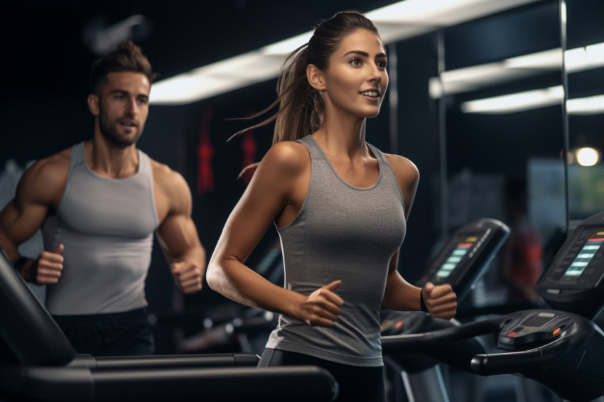 A picture of two young people exercising on a treadmill in a modern gym