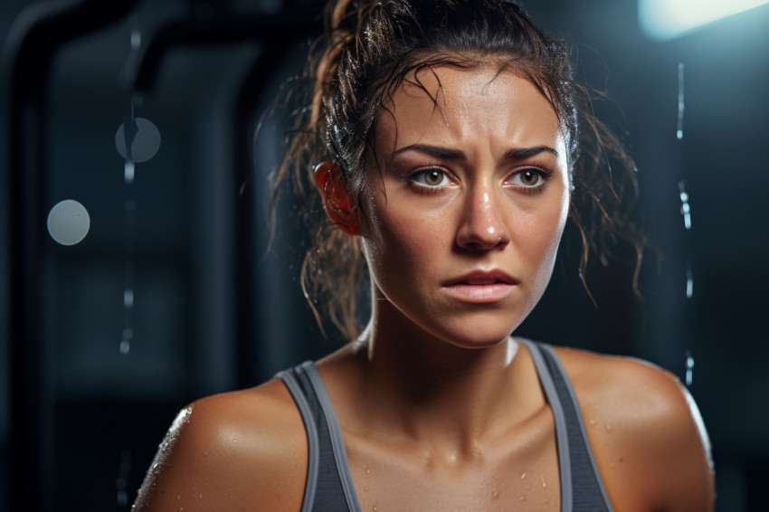 A close up photo of a female athletes sweaty face during a workout at the gym