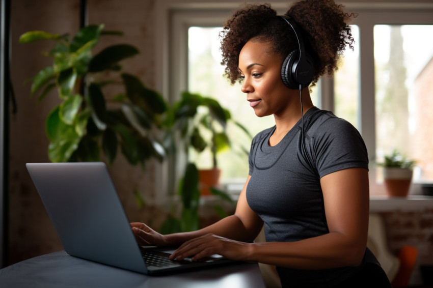 A picture of a black woman exercising at home while watching a fitness video on her laptop