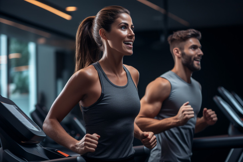 A picture of two young people exercising on a treadmill in a modern gym