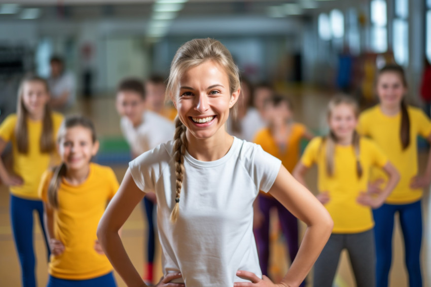 A photo of a smiling young female coach watching the camera while teaching physical education to elementary school students in the school gym