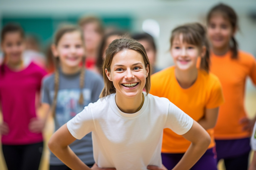 A photo of a smiling young female coach watching the camera while teaching physical education to elementary school students in the school gym