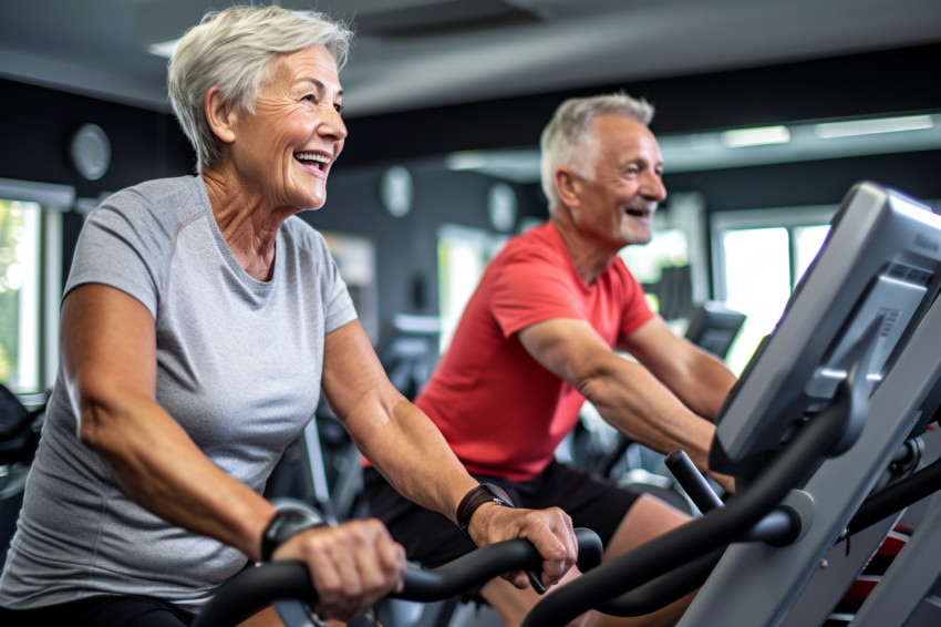 A photo of an older couple working out at the gym
