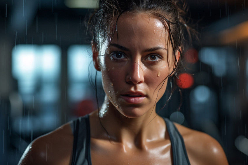 A close up photo of a female athletes sweaty face during a workout at the gym