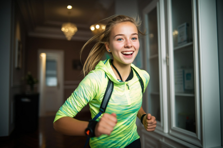 A picture of a happy teenage girl running in place at home while wearing a smartwatch