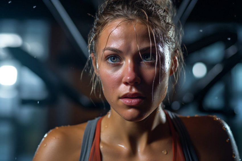 A close up photo of a female athletes sweaty face during a workout at the gym