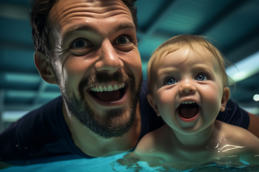 A picture of a swimming teacher and a baby having fun in the pool