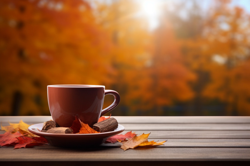 Picture of a coffee mug on a wooden table with autumn leaves in the background