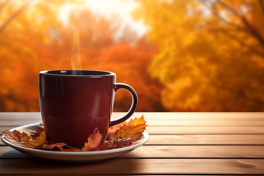 Picture of a coffee mug on a wooden table with autumn leaves in the background