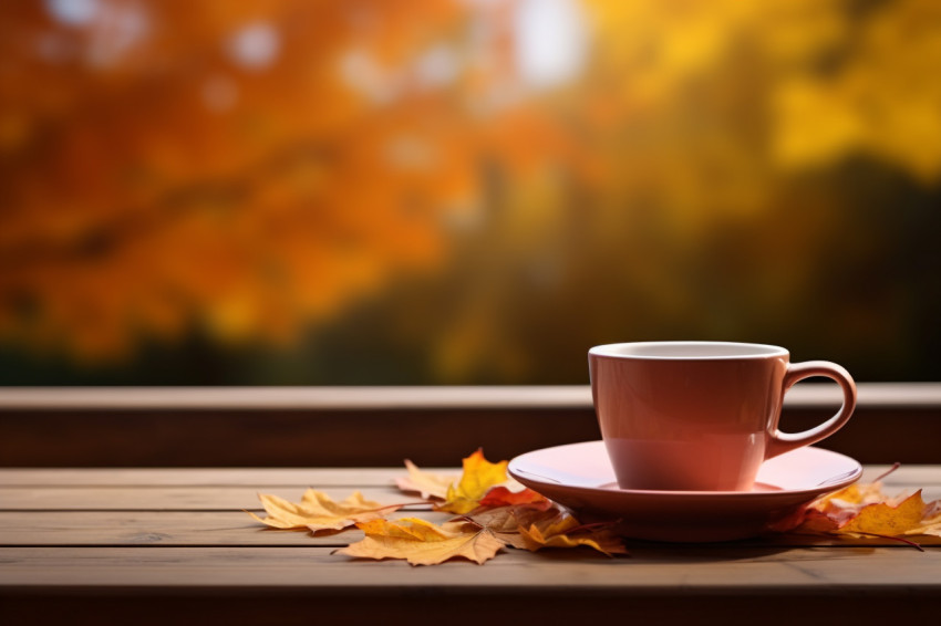 Picture of a coffee mug on a wooden table with autumn leaves in the background