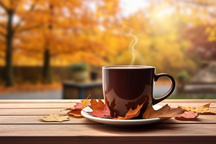 Picture of a coffee mug on a wooden table with autumn leaves in the background