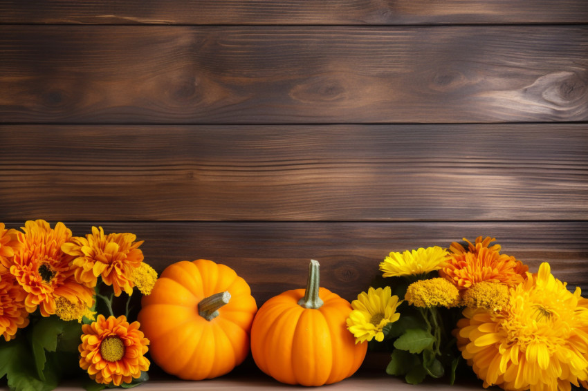 A picture of a wooden table with pumpkins flowers and other decorations