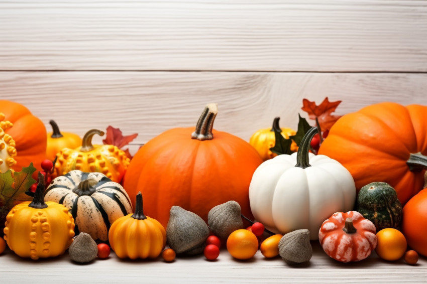 A picture of orange and white pumpkins and berries lined up along the top edge of a light gray wooden surface