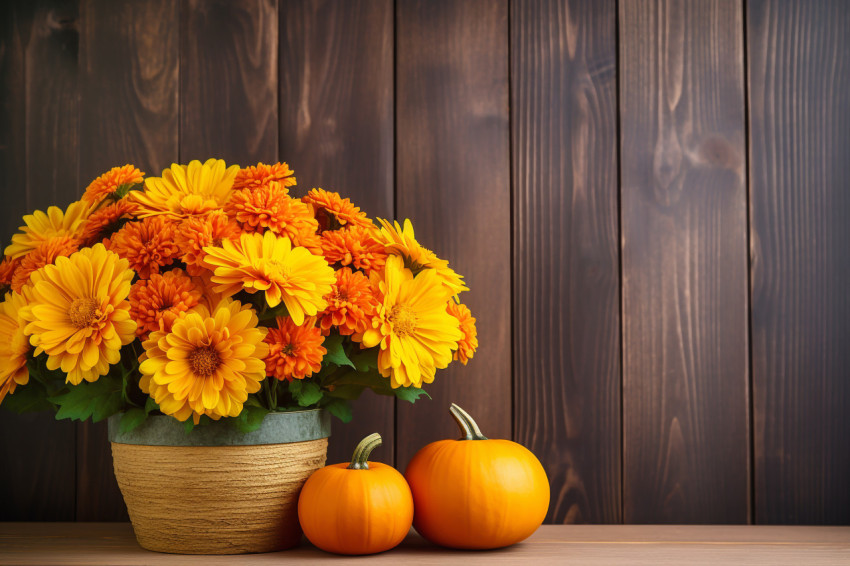 A picture of a wooden table with pumpkins flowers and other decorations