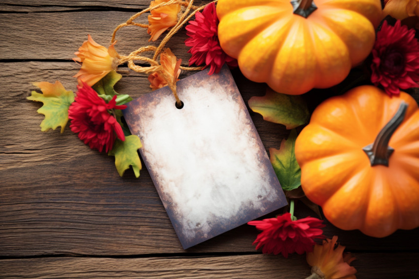 A picture of a Thanksgiving gift tag with colorful leaves and pumpkins on the corner on a brown wood background