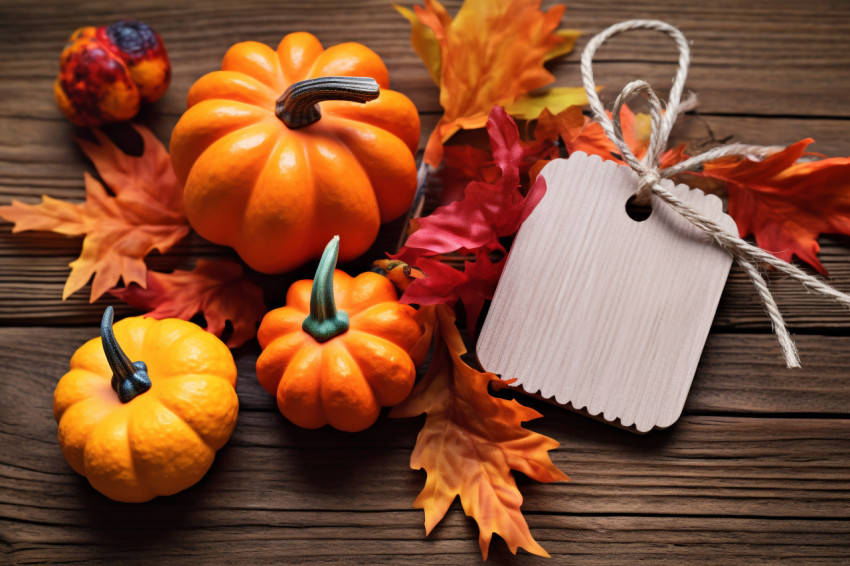 A picture of a Thanksgiving gift tag with colorful leaves and pumpkins on the corner on a brown wood background