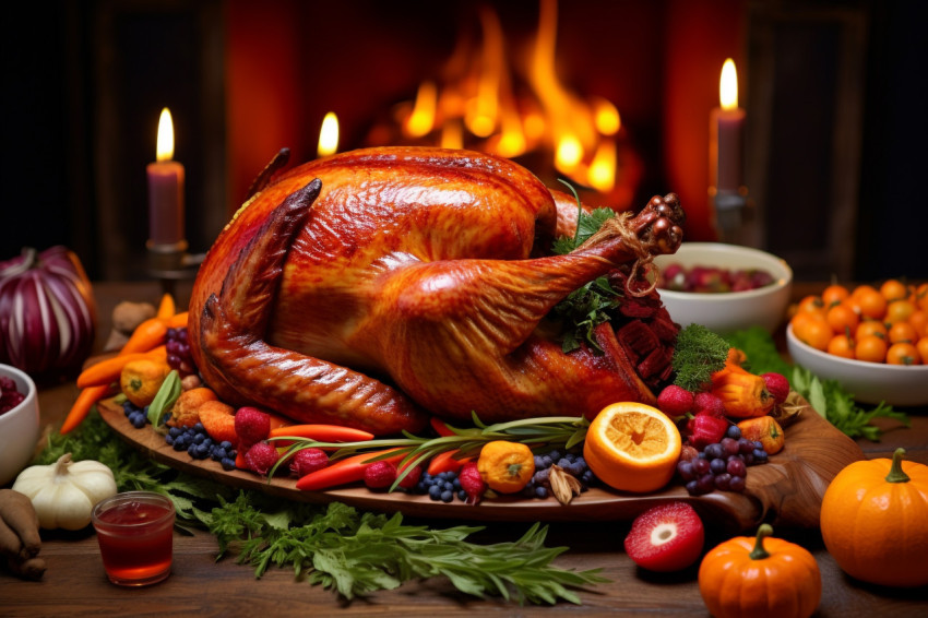 A picture of a cooked turkey with cranberries on a wooden table with pumpkins vegetables pie flowers and candles A picture of a cooked turkey with cranberries on a wooden table with pumpkins vegetables pie flowers and candles