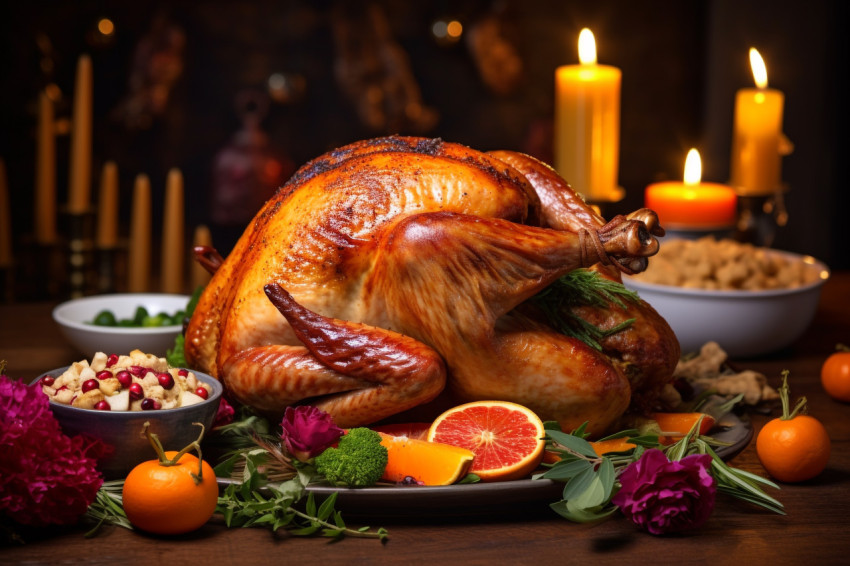 A picture of a cooked turkey with cranberries on a wooden table with pumpkins vegetables pie flowers and candles A picture of a cooked turkey with cranberries on a wooden table with pumpkins vegetables pie flowers and candles