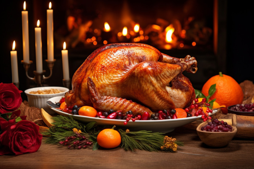 A picture of a cooked turkey with cranberries on a wooden table with pumpkins vegetables pie flowers and candles