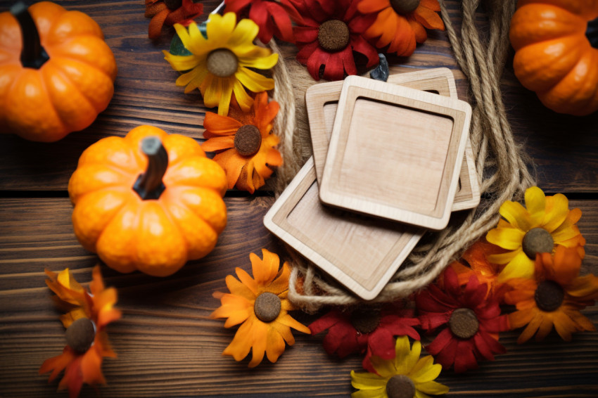 A picture of a Thanksgiving gift tag with colorful leaves and pumpkins on the corner on a brown wood background