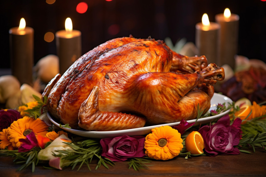 A picture of a cooked turkey with cranberries on a wooden table with pumpkins vegetables pie flowers and candles