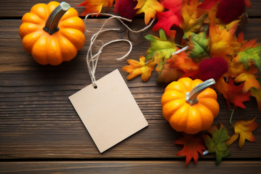 A picture of a Thanksgiving gift tag with colorful leaves and pumpkins on the corner on a brown wood background