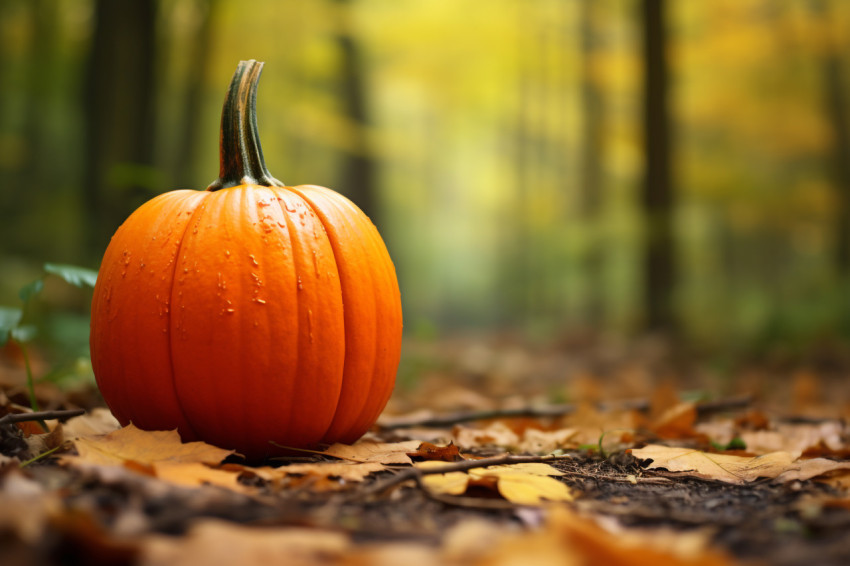 A picture of a small pumpkin in a forest with autumn leaves in the background