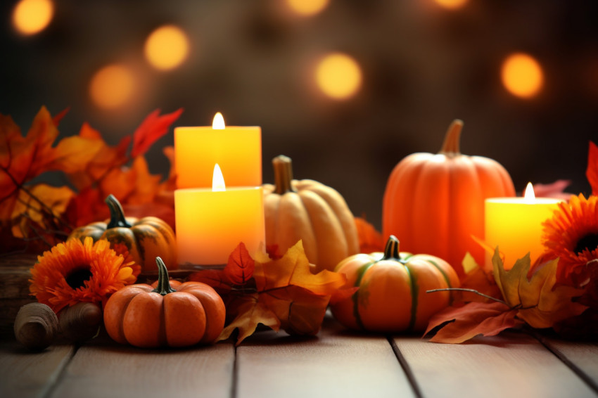 A picture of a Thanksgiving table decorated with pumpkins corn candles and autumn leaves