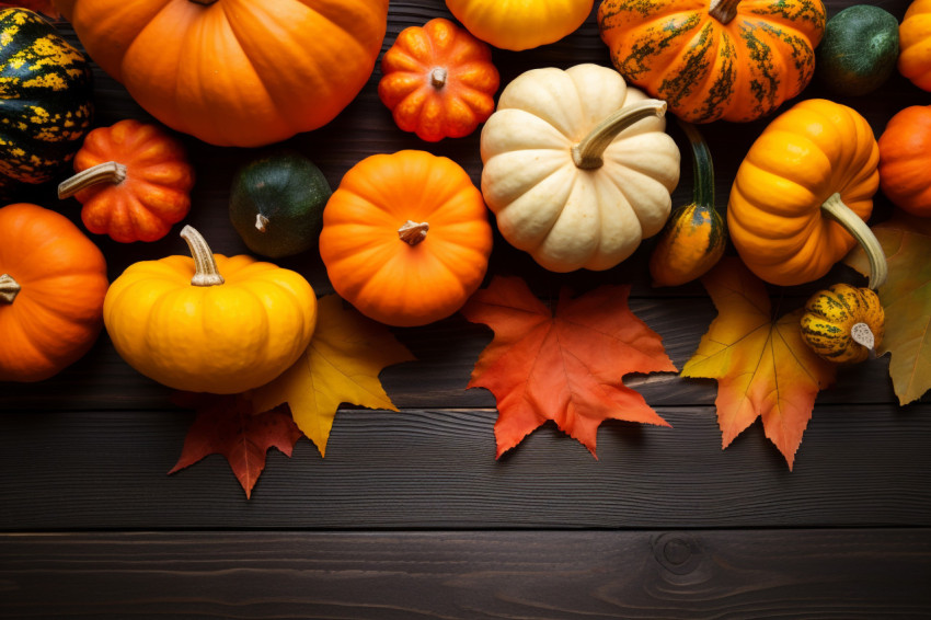 A photo of pumpkins leaves and acorn squash on a dark wood table taken from directly above