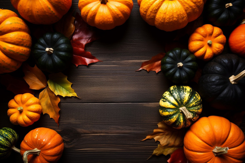 A photo of pumpkins leaves and acorn squash on a dark wood table taken from directly above