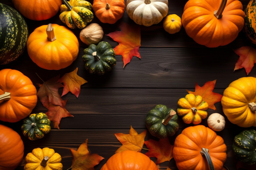 A photo of pumpkins leaves and acorn squash on a dark wood table taken from directly above