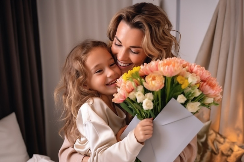 A photo of a happy young mother hugging her little daughter The mother is holding flowers and a postcard