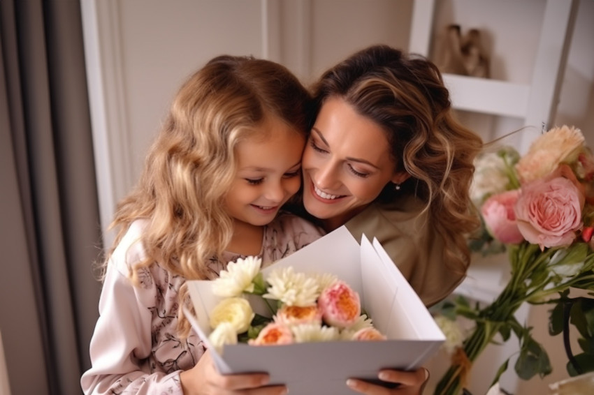 A photo of a happy young mother hugging her little daughter The mother is holding flowers and a postcard