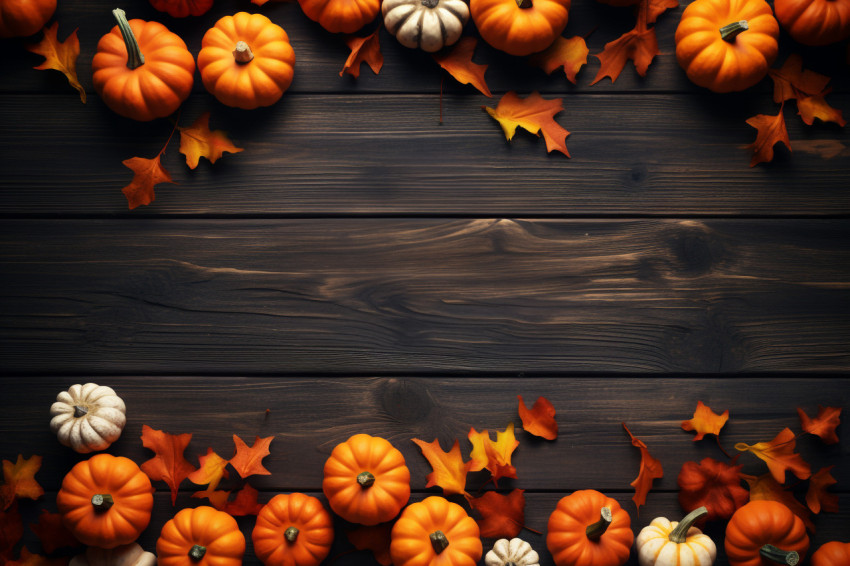 A picture of Happy Thanksgiving written in a fancy way with pumpkins and leaves on a dark brown table