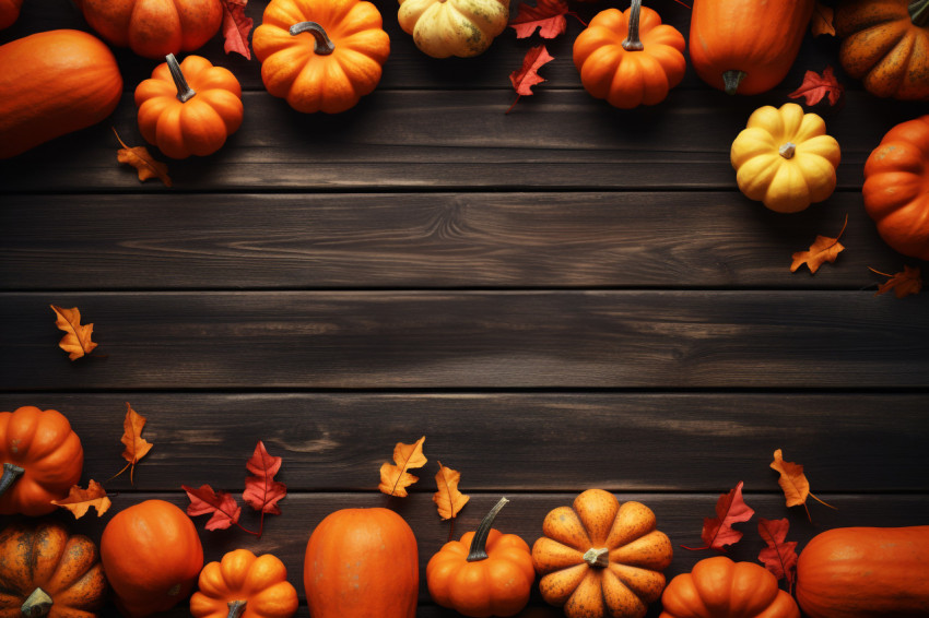 A picture of Happy Thanksgiving written in a fancy way with pumpkins and leaves on a dark brown table