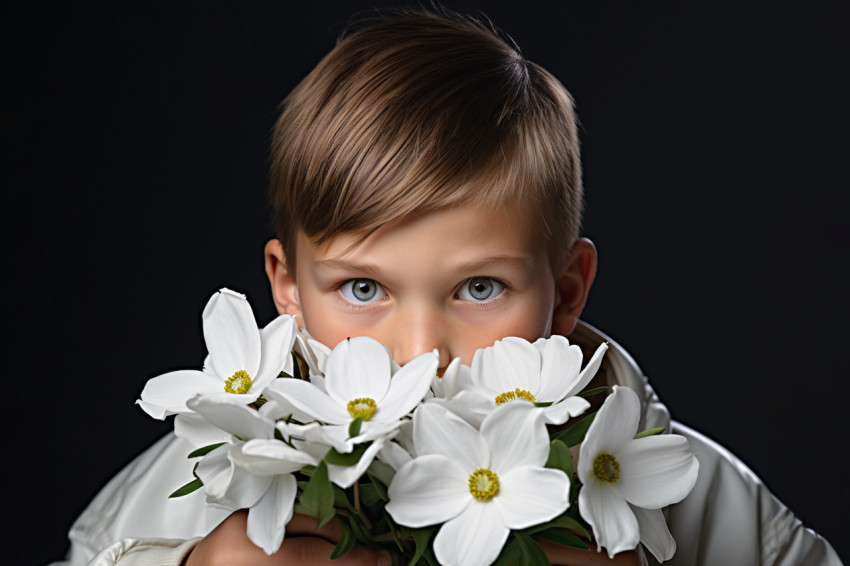 A photo of children giving a white flower