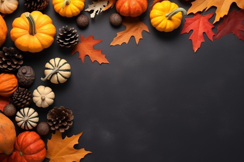 A photo of a fall border banner with pine cones pumpkins dried leaves and a pumpkin latte on a dark gray stone table