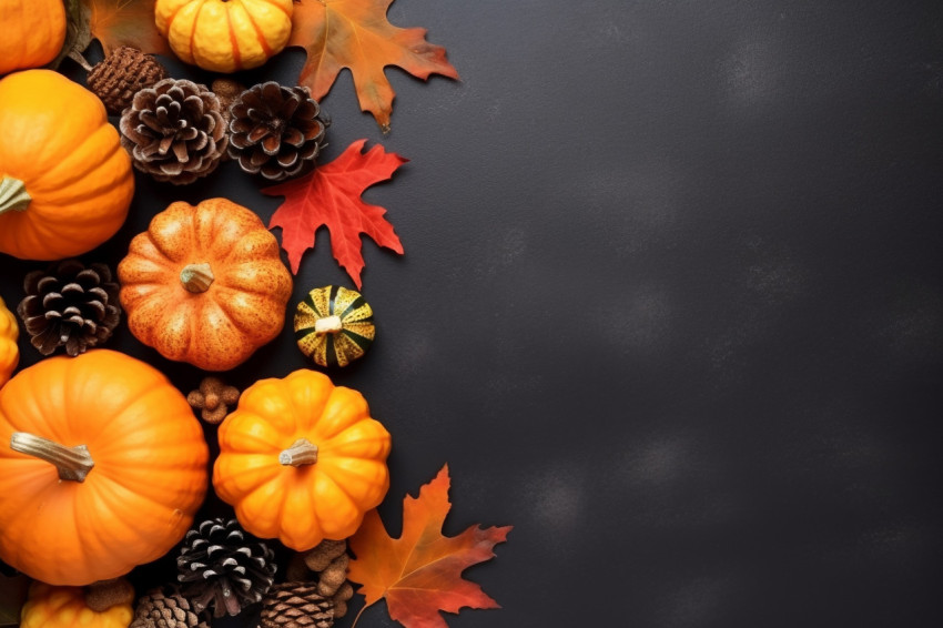 A photo of a fall border banner with pine cones pumpkins dried leaves and a pumpkin latte on a dark gray stone table