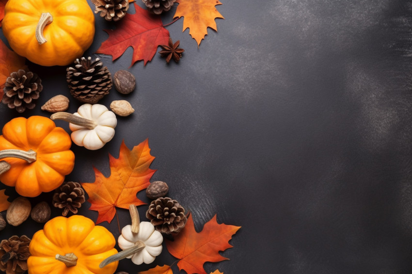 A photo of a fall border banner with pine cones pumpkins dried leaves and a pumpkin latte on a dark gray stone table