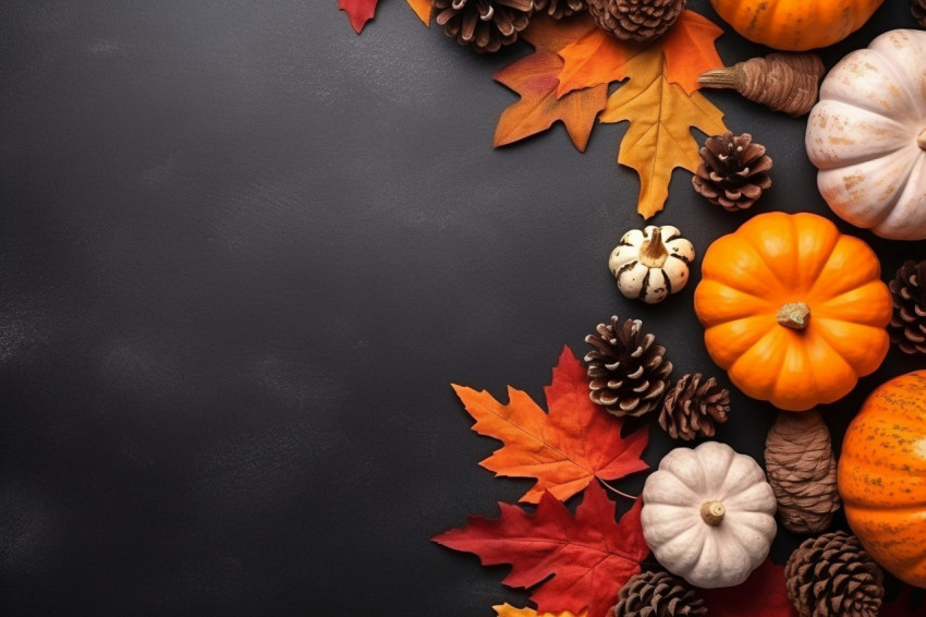 A photo of a fall border banner with pine cones pumpkins dried leaves and a pumpkin latte on a dark gray stone table