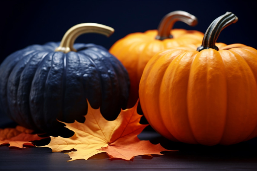 A picture of pumpkins and autumn maple leaves on a dark blue backdrop A picture of pumpkins and autumn maple leaves on a dark blue backdrop