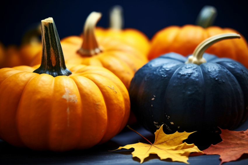 A picture of pumpkins and autumn maple leaves on a dark blue backdrop A picture of pumpkins and autumn maple leaves on a dark blue backdrop