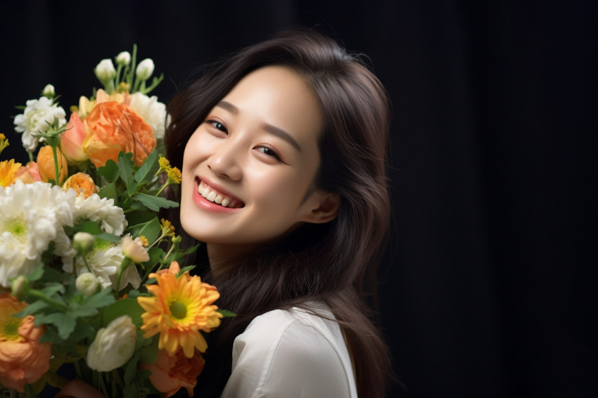 Picture of a happy Asian woman with flowers