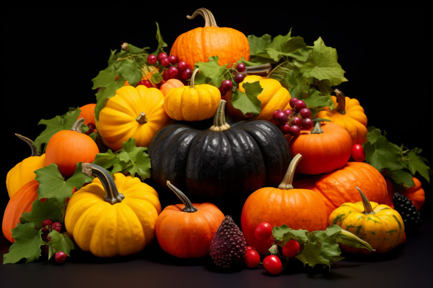 A picture of colorful leaves and pumpkins on a black background