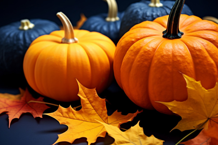 A picture of pumpkins and autumn maple leaves on a dark blue backdrop A picture of pumpkins and autumn maple leaves on a dark blue backdrop
