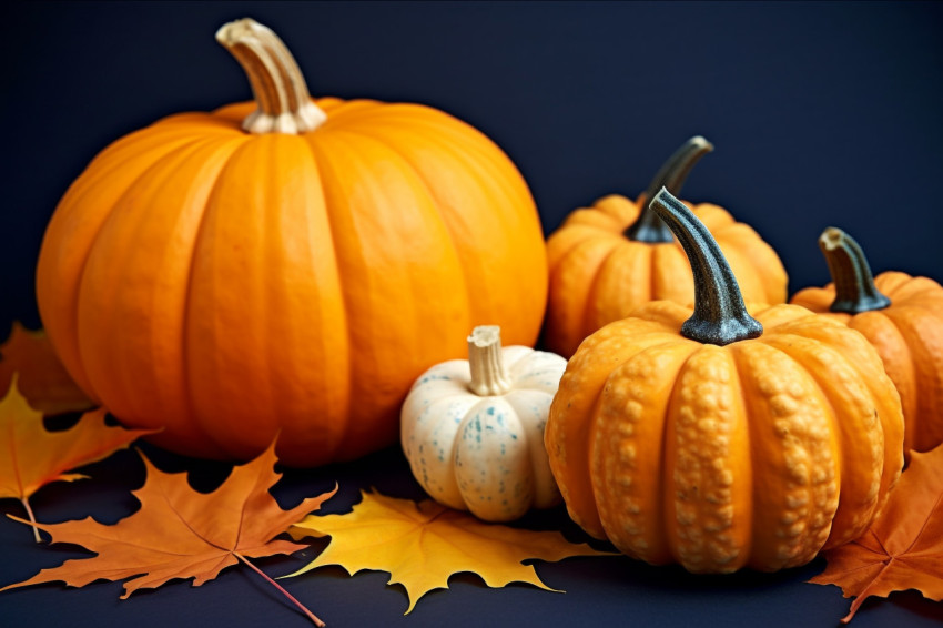 A picture of pumpkins and autumn maple leaves on a dark blue backdrop A picture of pumpkins and autumn maple leaves on a dark blue backdrop