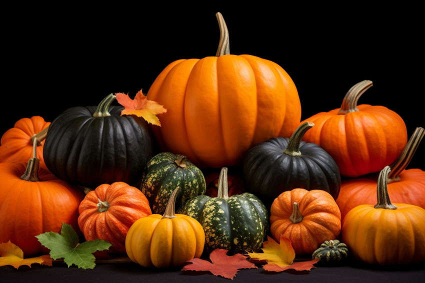 A picture of colorful leaves and pumpkins on a black background