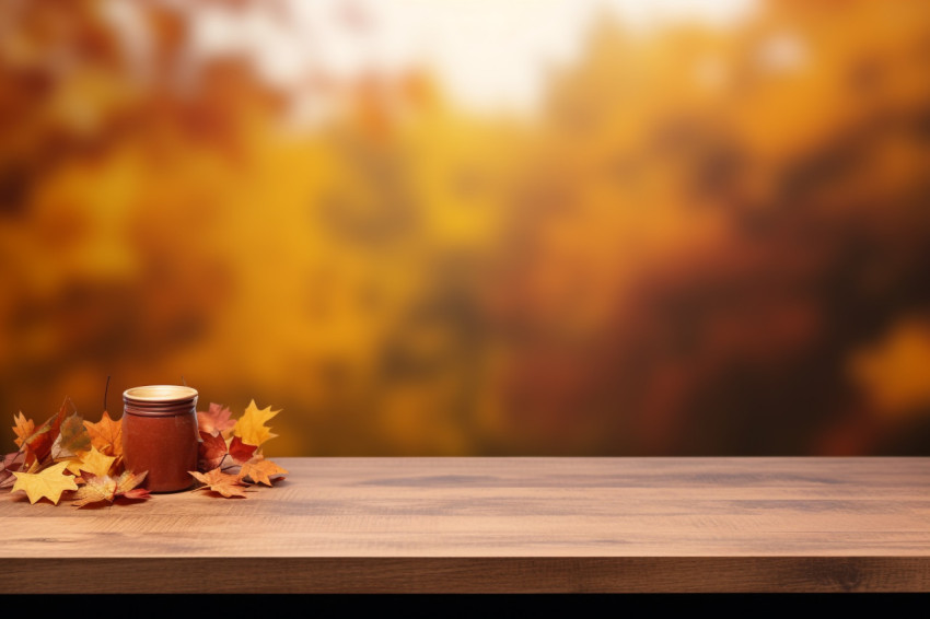 A picture of a desk on an autumn background with space to put your product